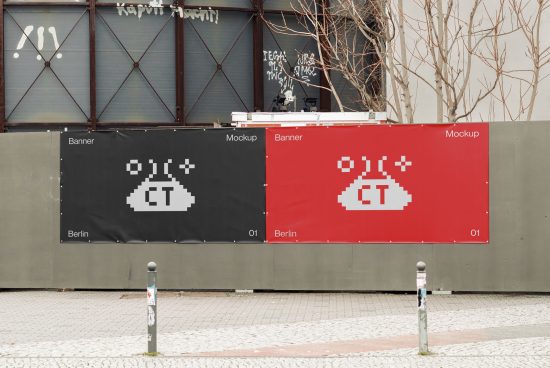 Urban billboard mockups featuring pixelated spaceship design, displayed in an outdoor setting for graphic design and marketing presentation.